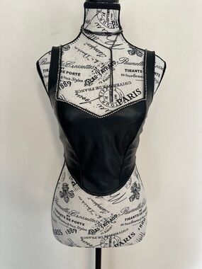 Black Faux Leather Corset with rhinestone accents Tank Top